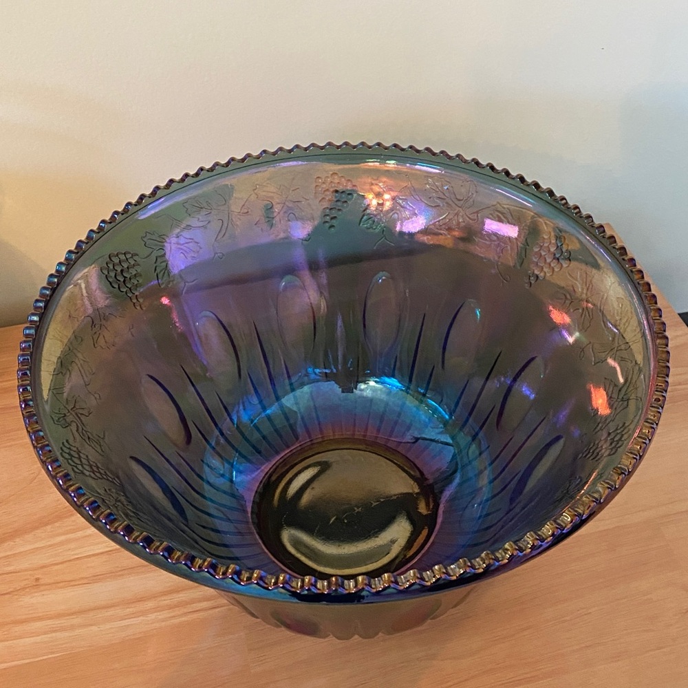 Iridescent Carnival Glass Decorative Punch Bowl Blue Green - Picture 3 of 15